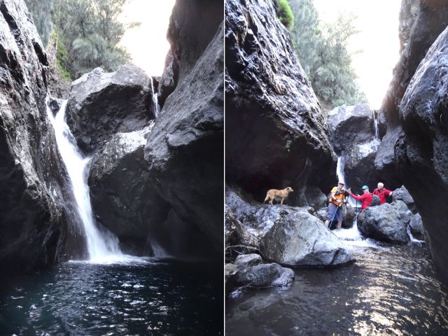 Poursuite impossible au-delà de cette cascade dans les basaltes noirs