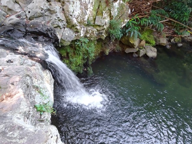 Agréable petite cascade alimentant un grand bassin inaccessible