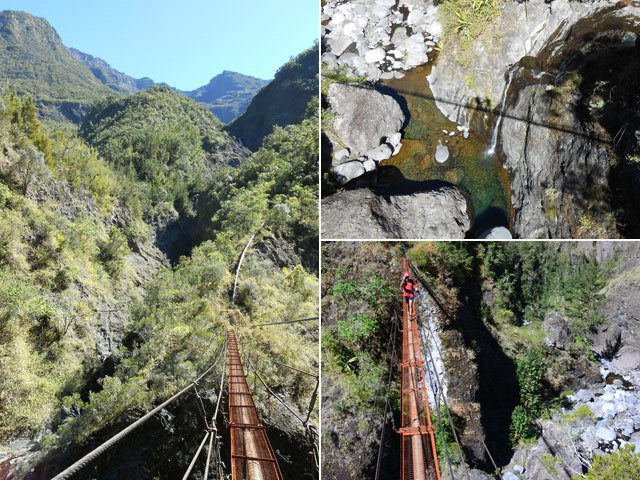 La passerelle et son long tuyau, l'ombre sur la cascade en-dessous. Vertige garanti !