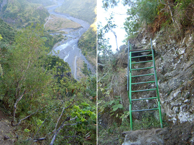 Une portion de sentier du Bras de Ste-Suzanne et l'échelle, avec vues sur la Rivière des galets