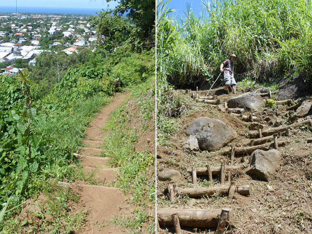 Le sentier abrupt qui redescend vers la Rivière du Mât
