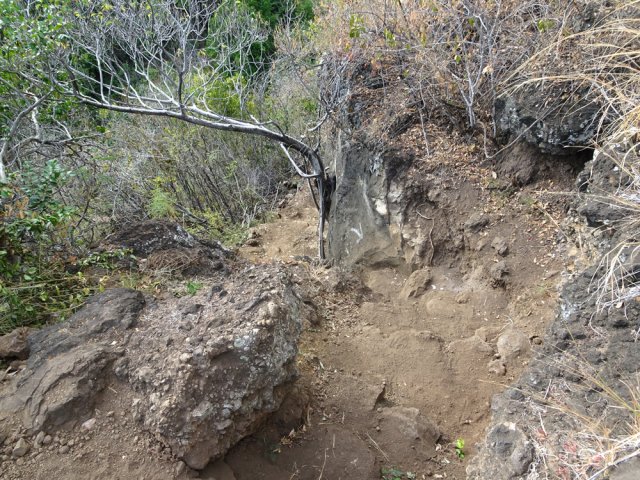 Le sentier qui descend fortement vers la Ravine Jardin