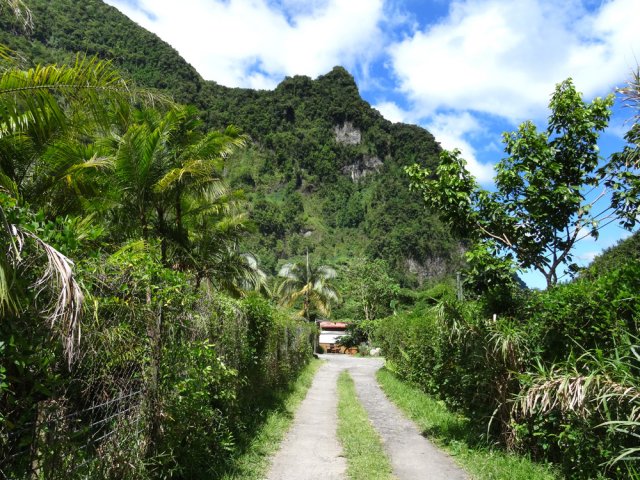 La piste entre les cases en direction du Piton Bonnet d'Evêque