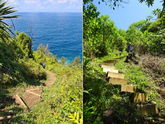 La très forte descente a été aménagée en escalier aux hautes marches
