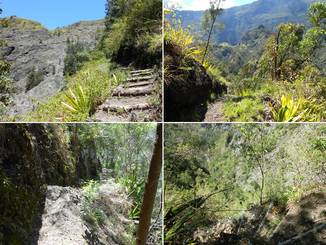 Quelques portions du sentier abrupt et glissant qui descend au Bras des Calumets