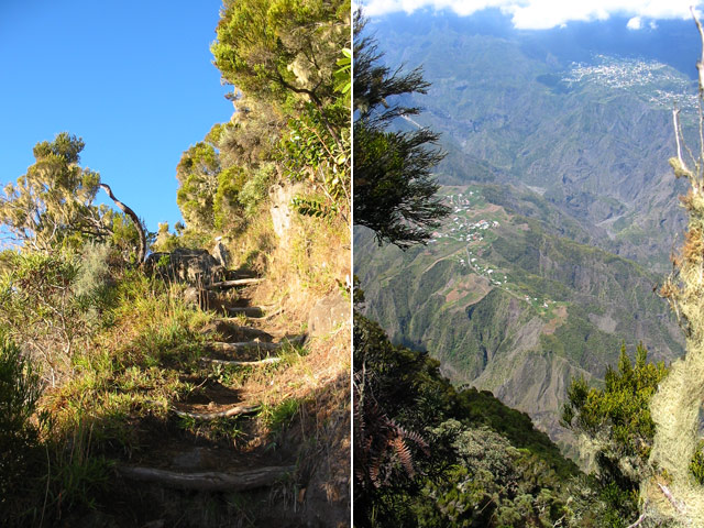 Le sentier en bordure de rempart et vue sur l'Îlet à Cordes et Cilaos