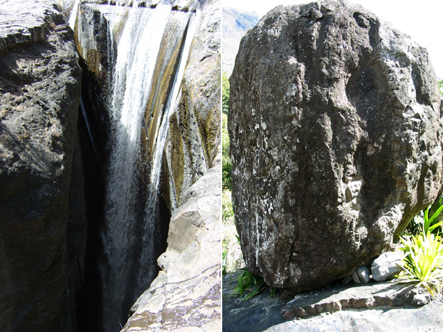 L'étroit canyon dans lequel se jette la cascade ainsi qu'une des trois roches