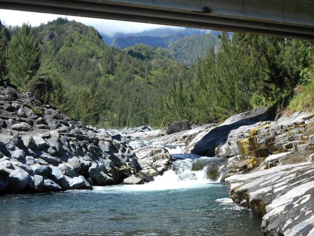 Le départ de la randonnée sous le pont de la Rivière Fleurs Jaunes