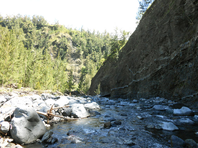 La falaise en rive droite avant l'arrivée au virage de la Ravine Roche Jacquot