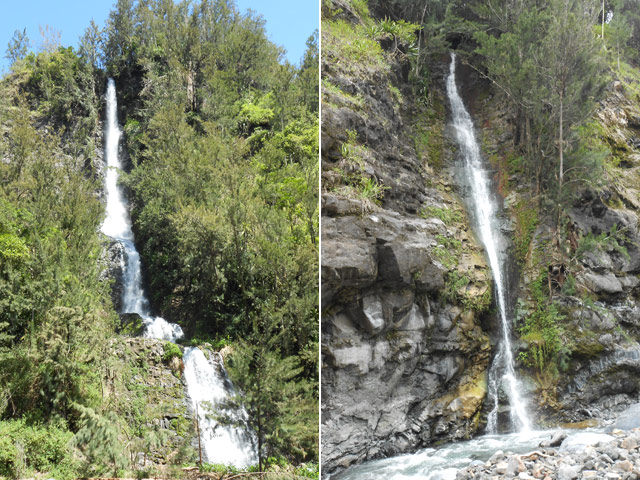 La très haute et belle cascade de la Ravine Mathurin. Une autre fine chute, juste en face