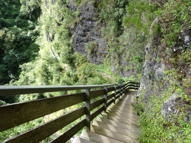 La montée est vertigineuse mais les rambardes atténuent la sensation