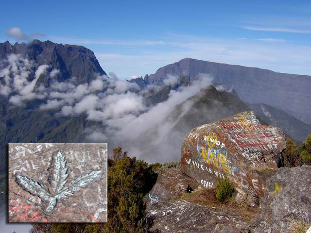 Graffitis et bas reliefs au sommet de la Roche Ecrite la bien nommée