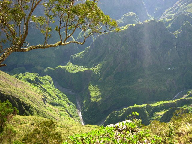 On peut se régaler du spectacle de la vallée encaissée de la Rivière des Galets