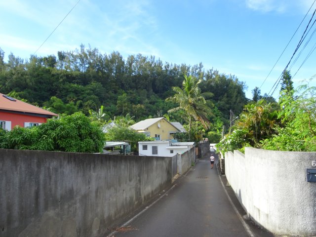 La très étroite Rue des Letchis avec vue sur le Piton du Calvaire