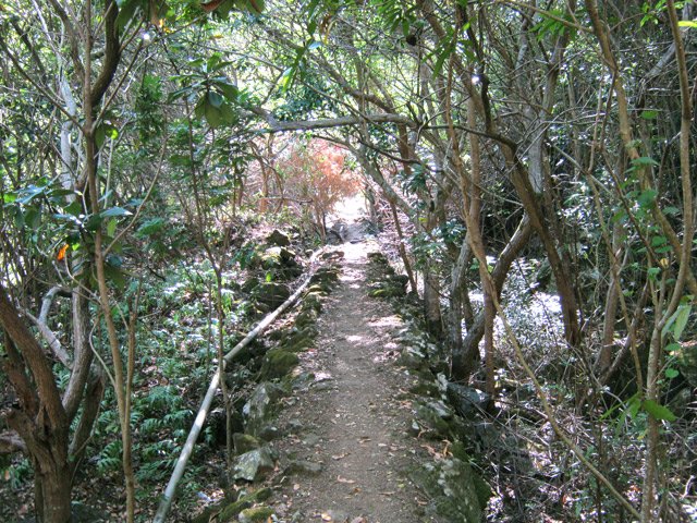 A l'approche du barrage, le sentier utilise le haut d'une murette