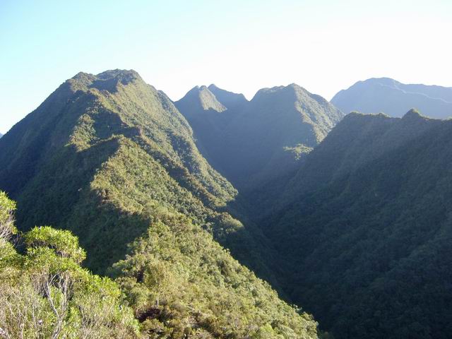 Le massif très découpé du Dimitile. Au loin, le massif du Piton des Neiges