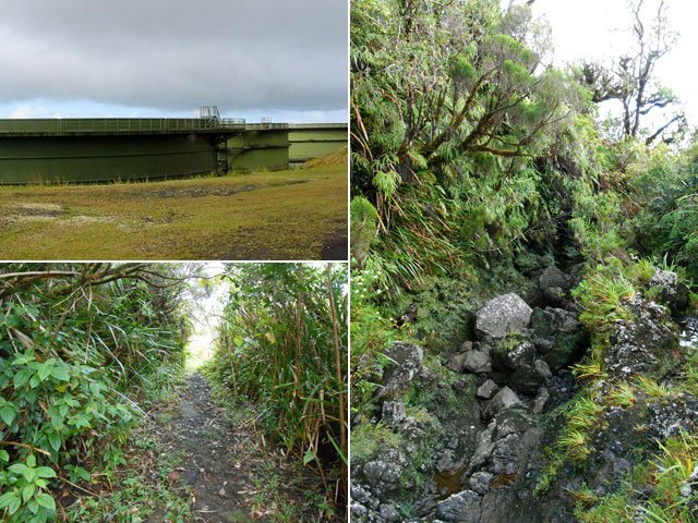 La fin du sentier et les quatre réservoirs de stockage de l'eau