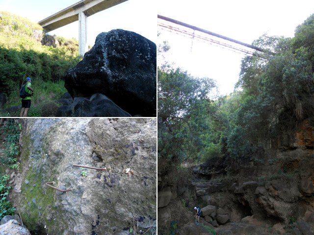 Passage sous le pont puis la passerelle. Les barreaux scellés dans la roche à la cascade