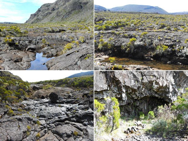 Le fond basaltique de la ravine et la grotte dans la falaise