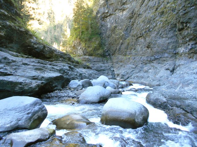 Contourner cette petit gorge par la falaise de gauche (voir § spécial)