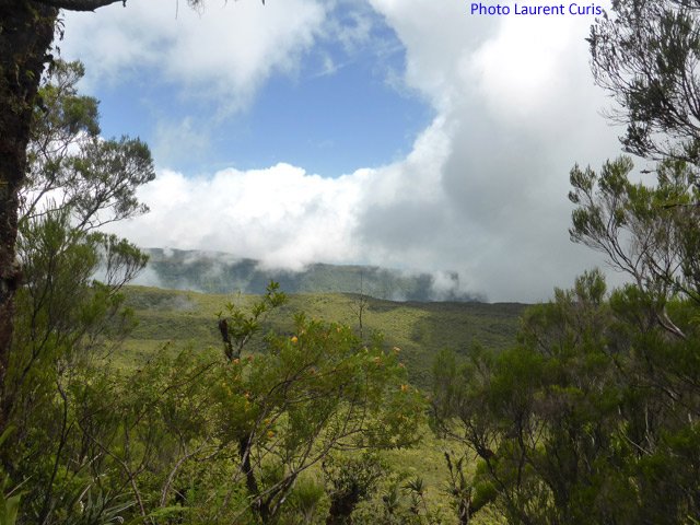 Panorama sur le Trou Malais. Au fond, la vallée de la Rivière du Mât
