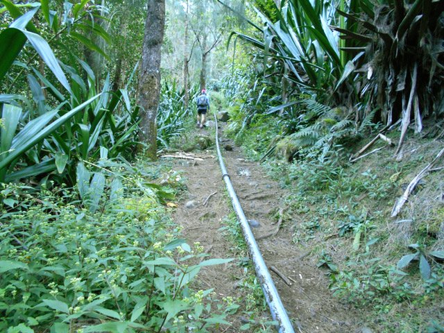 Le sentier vers Grand Pays et son tuyau qu'on suit longuement