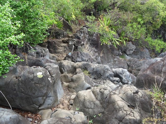 Le sentier traverse la ravine du Bassin Vital sur une zone rocheuse