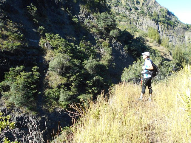 Le sentier dominant les cascades du Bras de Benjoin passe près d'un profond ravin