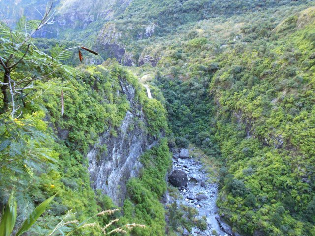 Vue sur le Bras d'Oussy et la passerelle depuis l'Îlet de Bois Rouge