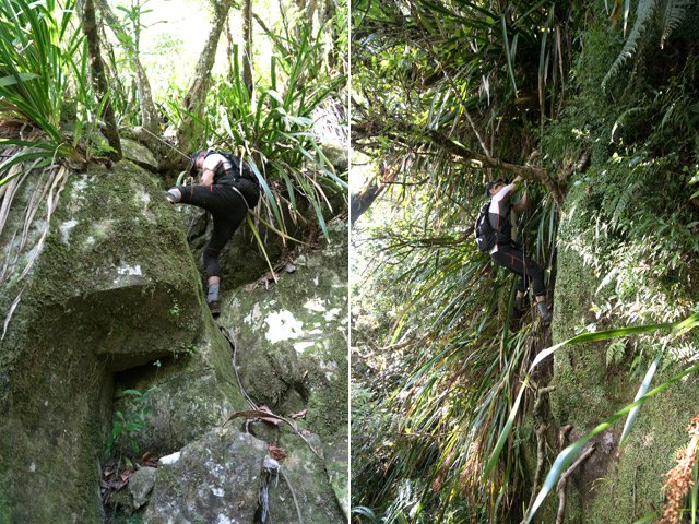 Le même vu d'en bas (G). Le franchissement à 90°, particulièrement difficile (D)