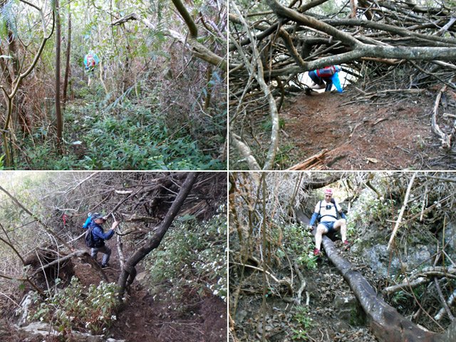 Le sentier d'approche, le rampé et deux portions de la descente abrupte