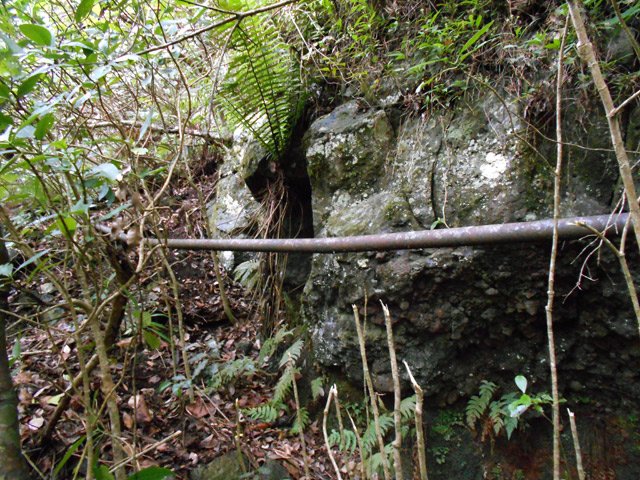 Le fin tuyau s'enfonce dans la végétation en longeant un précipice : demi-tour