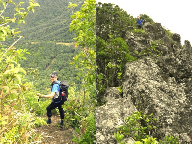 Deux idées du sentier dont une forte montée sur rochers