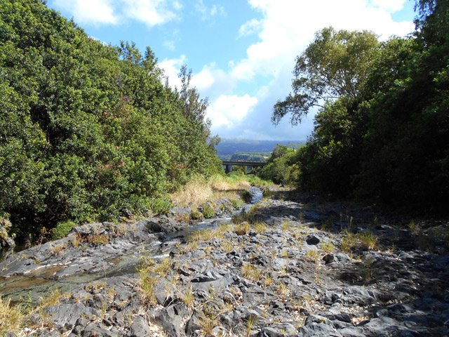 Le pont sur la Rivière Langevin vu depuis la cascade