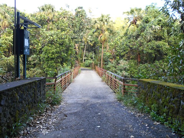 La randonnée débute par la passerelle au-dessus de la Rivière des Roches