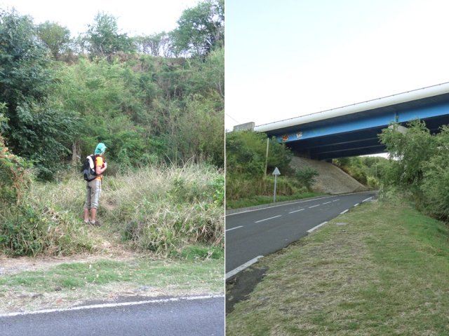 Le sentier discret à prendre à gauche avant de passer sous le pont de la RN1