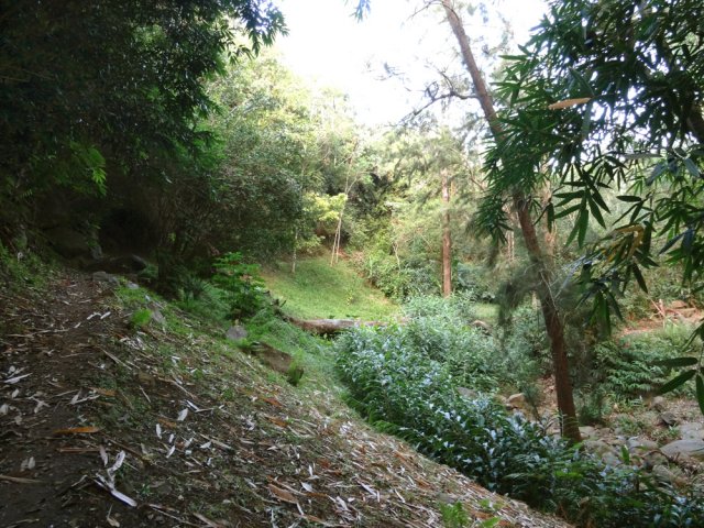 Arrivée au captage, dans le fond caillouteux de la ravine