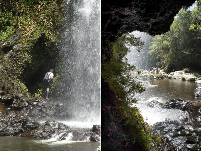Attention à la glissade pour atteindre la grotte sous la chute