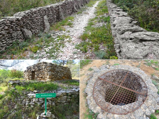 Un puits plein d'eau et des vestiges de chemins bordés de murets de pierres sèches