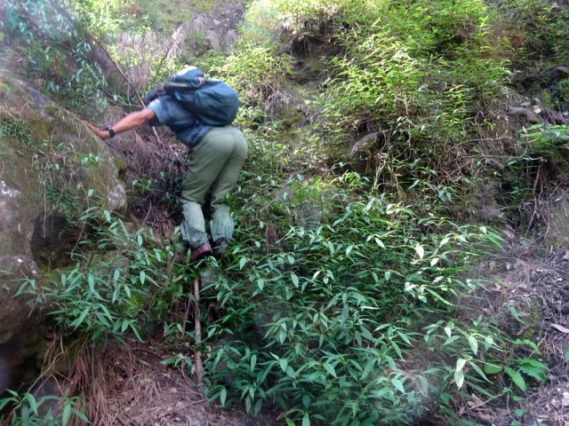 Une courte escalade en rive gauche amène à un câble très court mais fort utile