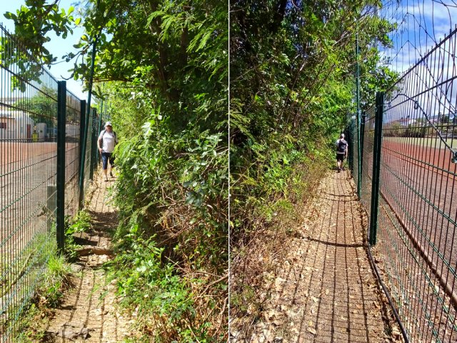 Frôler le stade par un sentier étroit bordant la haute clôture